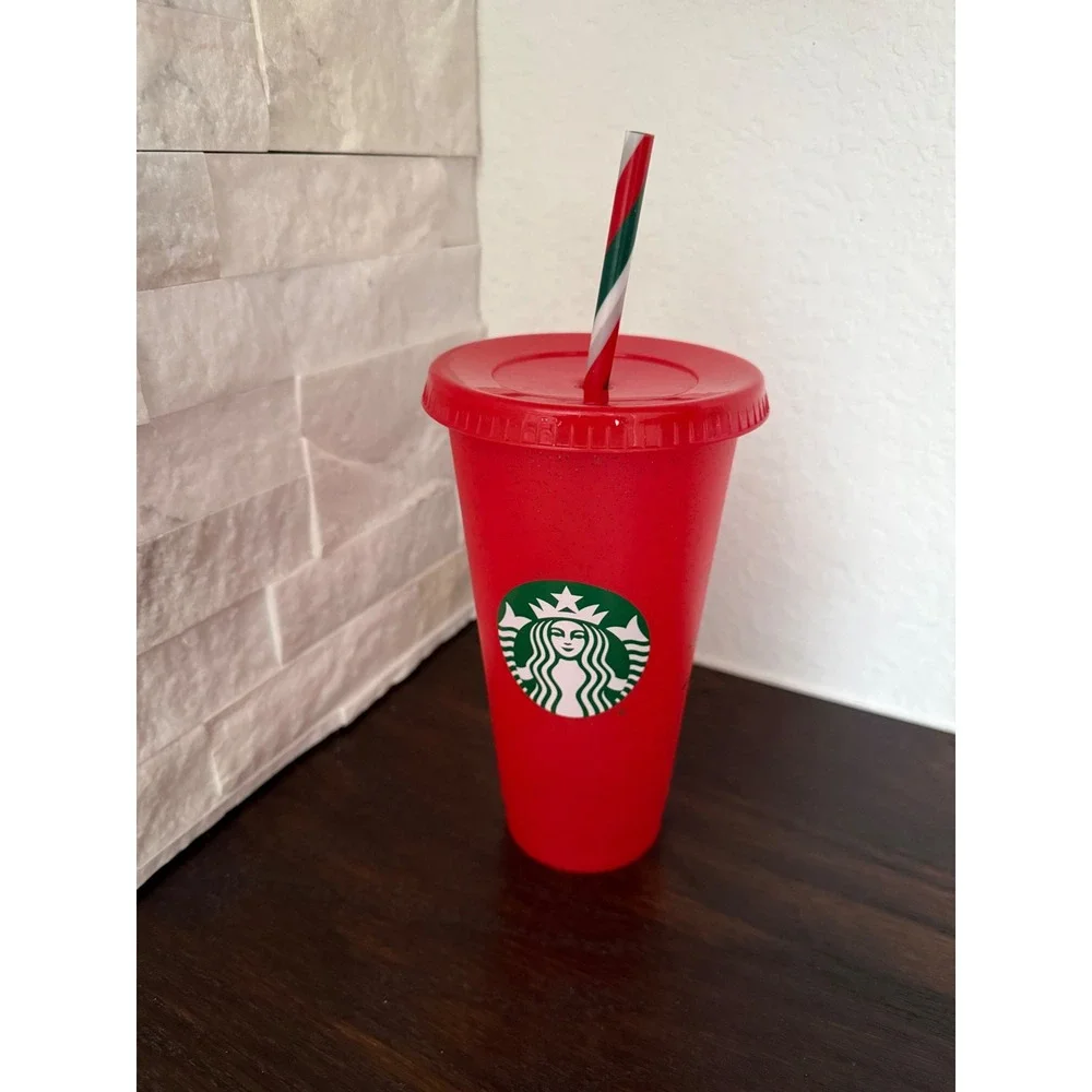 Starbucks Red Glitter Reusable Cold Cup Tumbler Holiday Candy Cane Straw 24oz